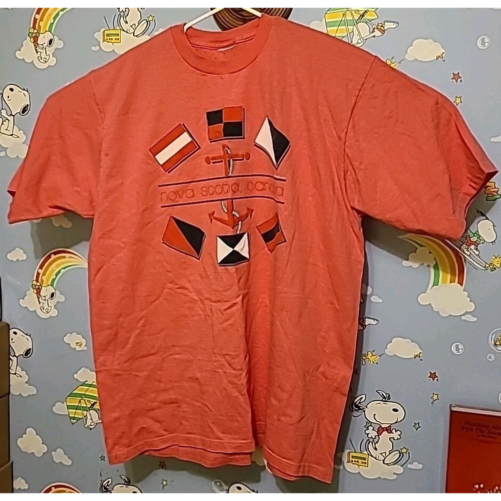 Vintage 80s 1989 Nova Scotia, Canada Adult Shirt Pink Nautical Anchor Flags